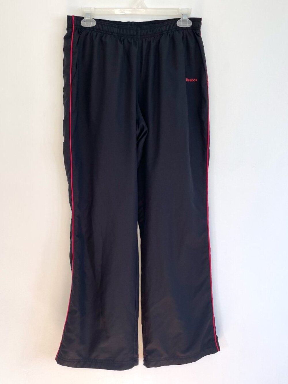 REEBOK Black Red Piping Stripe Pull On Drawstring Swishy Active Track Pants Y2K